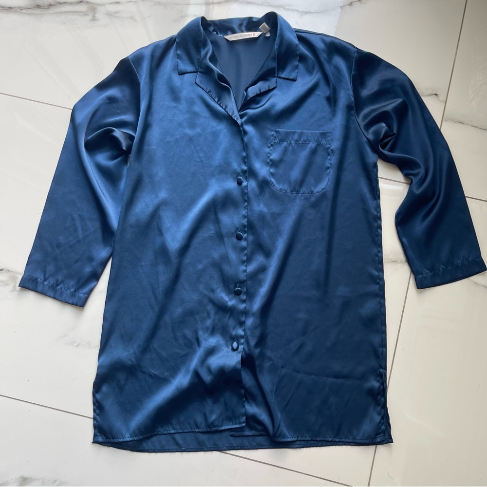 Victoria's Secret Silky Royal Blue Satin Sleep Long Sleeve Pajama Top